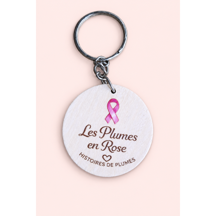 Porte-clé en bois Les Plumes en Rose pour Octobre Rose